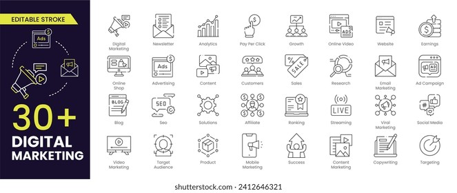 Digital marketing stroke icon set. Containing seo, content, website, social media, sales and online advertising. outline editable stroke symbol collection.