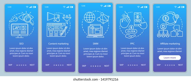 Digital marketing tactics blue onboarding mobile app page screen vector template. SEO, SMM, PPC walkthrough website steps with linear illustrations. UX, UI, GUI smartphone interface concept