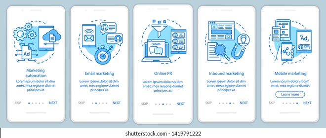 Digital marketing tactics blue onboarding mobile app page screen vector template. Advertising campaign walkthrough website steps with linear illustrations. UX, UI, GUI smartphone interface concept