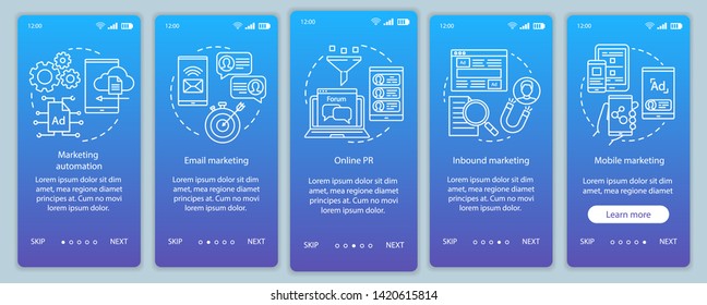 Digital marketing tactics blue onboarding mobile app page screen vector template. Advertising campaign walkthrough website steps with linear illustrations. UX, UI, GUI smartphone interface concept