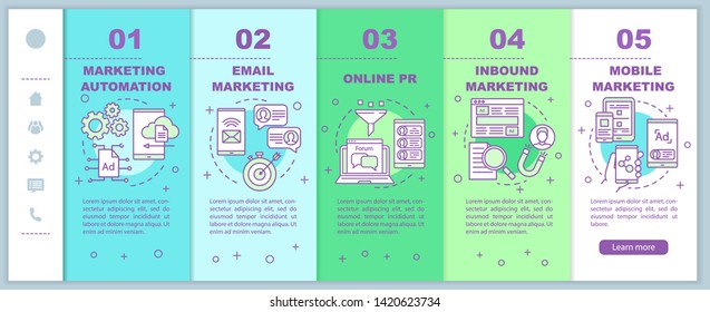 Digital marketing tactics onboarding mobile web pages vector template. Responsive smartphone website interface idea with linear illustrations. Webpage walkthrough step screens. Color concept 