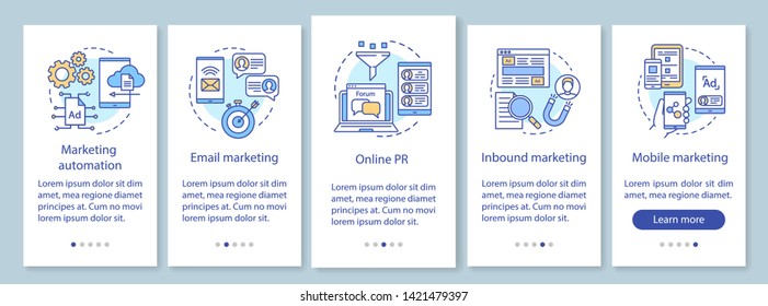 Digital marketing tactics onboarding mobile app page screen with linear concepts. Advertising campaign walkthrough steps graphic instructions. UX, UI, GUI vector template with illustrations