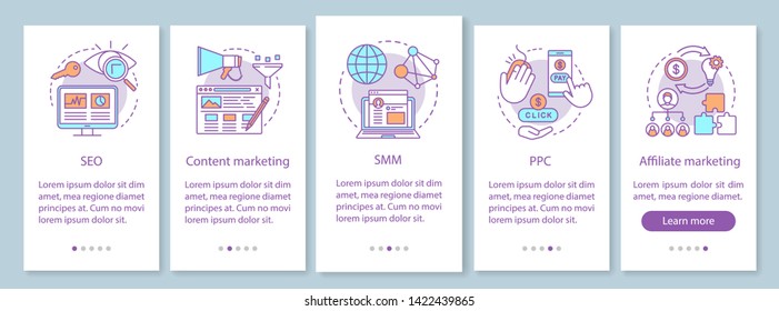 Digital marketing tactics onboarding mobile app page screen with linear concepts. SEO, SMM content marketing walkthrough steps graphic instructions. UX, UI, GUI vector template with illustrations