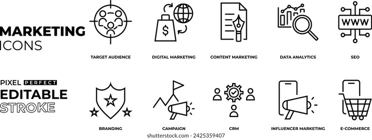 Marketing digital, público objetivo, marketing de contenidos, análisis de datos, SEO, campaña, CRM, marketing de influencer y recopilación de iconos de comercio electrónico con trazo editable