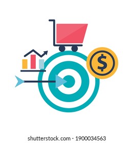 Digital marketing target with bars chart cart and coin flat style icon design, ecommerce and shopping online theme Vector illustration