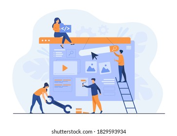 Digital Marketing Team Constructing Landing Or Home Page. Tiny People Painting Units On Webpage. Vector Illustration For Website Designers, Content Managers, Internet Promotion Concept