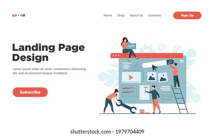 Digital marketing team constructing landing or home page. Tiny people painting units on webpage. Vector illustration for website designers, content managers, internet promotion concept