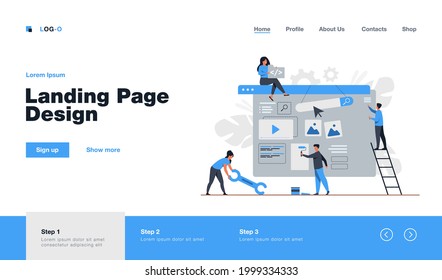 Digital marketing team constructing landing or home page. Tiny people painting units on webpage. Vector illustration for website designers, content managers, internet promotion concept