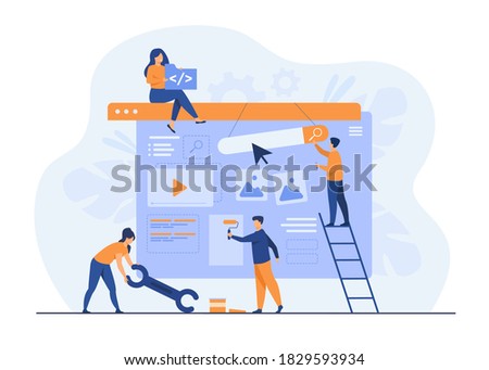 Digital marketing team constructing landing or home page. Tiny people painting units on webpage. Vector illustration for website designers, content managers, internet promotion concept