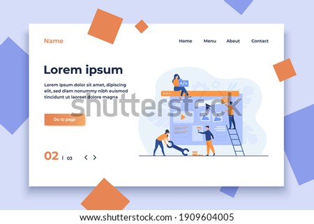 Digital marketing team constructing landing or home page. Tiny people painting units on webpage. Vector illustration for website designers, content managers, internet promotion concept