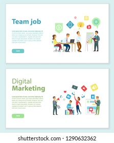 Digital marketing and team job online web pages vector. Conference graphics on board and office workers with laptops, analyzing market and teamwork. Website or webpage template, landing page in flat