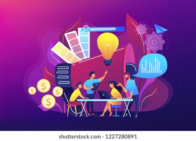 Digital Marketing Team With Laptops And Big Bulb. Marketing Team Metrics, Marketing Team Lead And Responsibilities Concept On Ultraviolet Background. Bright Vibrant Violet Vector Isolated Illustration