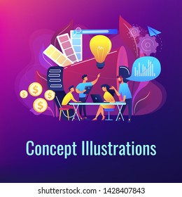 Digital marketing team with laptops and big bulb. Marketing team metrics, marketing team lead and responsibilities concept on ultraviolet background. Bright vibrant violet vector isolated illustration