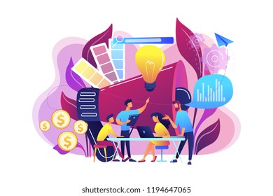 Digital Marketing Team With Laptops And Light Bulb. Marketing Team Metrics, Marketing Team Lead And Responsibilities Concept On White Background. Bright Vibrant Violet Vector Isolated Illustration