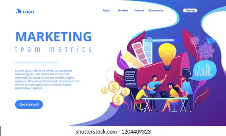 Digital marketing team with laptops and light bulb. Marketing team metrics, marketing team lead and responsibilities concept on white background. Website vibrant violet landing web page template.