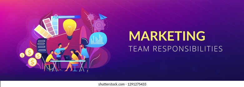 Digital marketing team with laptops and light bulb. Marketing team metrics, marketing team lead and responsibilities concept on white background. Header or footer banner template with copy space.