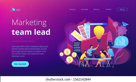 Digital marketing team with laptops and light bulb. Marketing team metrics, marketing team lead and responsibilities concept on white background. Website vibrant violet landing web page template.