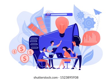 Digital Marketing Team With Laptops And Light Bulb. Marketing Team Metrics, Marketing Team Lead And Responsibilities Concept On White Background. Pink Coral Blue Vector Isolated Illustration