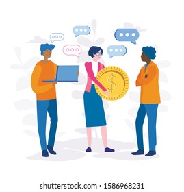 Digital marketing team with laptops working together. SEO, Marketing team metrics, marketing team lead,  Team working with marketing strategy, vector illustration for web6 social media, print