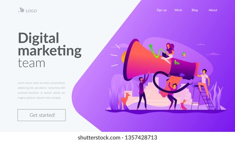 Digital Marketing Team, Marketing Team Metrics, Marketing Team Lead And Responsibilities Concept. Website Homepage Interface UI Template. Landing Web Page With Infographic Concept Hero Header Image.