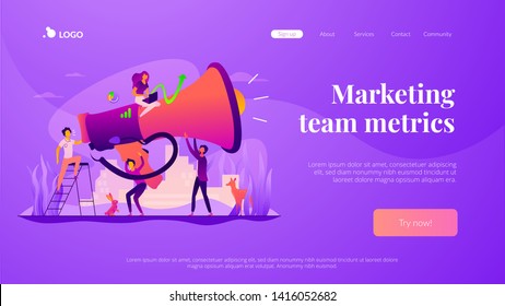 Digital marketing team, marketing team metrics, marketing team lead and responsibilities concept. Website homepage interface UI template. Landing web page with infographic concept hero header image.