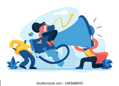 Digital marketing team, marketing team metrics, marketing team lead and responsibilities concept. Vector isolated concept illustration with tiny people and floral elements. Hero image for website.