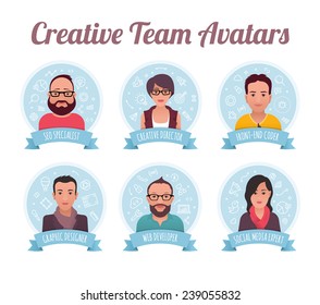 Digital marketing team. Modern style avatars of creative team members. They are: SEO specialist, creative director, front-end coder, graphic designer, web developer and social media expert.