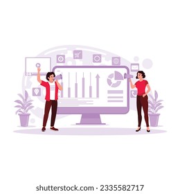 Digital marketing team using a megaphone and analyzing investment return. Digital marketing concept. Trend Modern vector flat illustration.