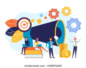 Digital marketing team working development concept. Vector flat cartoon graphic design illustration