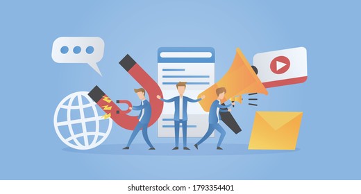 Digital Marketing Team,Marketing Plan Leader Using Magnets And Megaphone To Advertising Customer,Online Media,website,video,mail,message.business Concept Strategy,Vector Illustration.