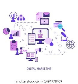 Digital marketing and digital technologies concept. Trendy flat design.