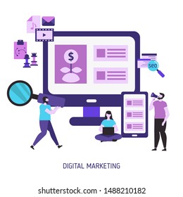Digital marketing and digital technologies. Trendy flat design.