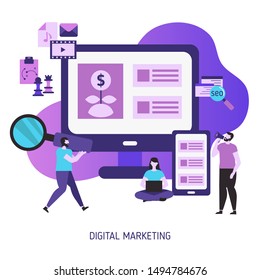 Digital marketing and digital technologies. Trendy flat design.
