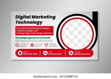 Anuncio de tecnología de marketing digital. Diseño Corporativa de la Plantilla de la cubierta de las redes sociales de la agencia de negocios. espacio circular para la foto. fondo gris del gradeint con rojo y negro en Elementos.