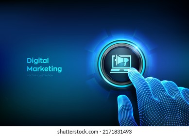 DIgital marketing technology concept. Internet. Online. Search Engine Optimisation. SEO. SMM. Advertising. Closeup finger about to press a button. Vector illustration.