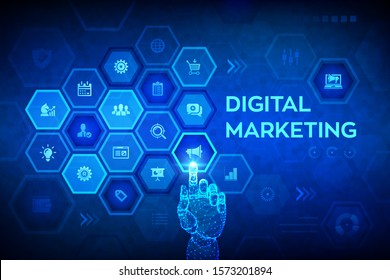 DIgital marketing technology concept on virtual screen. Internet. Online. Search Engine Optimisation. SEO. SMM. Advertising. Robotic hand touching digital interface. Vector illustration.