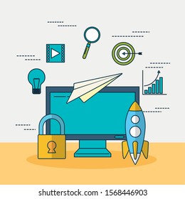 digital marketing technology with desktop vector illustration design
