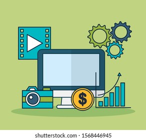 digital marketing technology with desktop vector illustration design