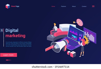Digital marketing technology isometric vector illustration. Cartoon 3d marketer people standing next to megaphone and laptop with graphic data on screen, work with audience and content landing page