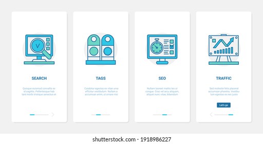 Digital marketing technology vector illustration. UX, UI onboarding mobile app page screen set with line blog traffic research, search for SEO keyword, tag for blogger content, target company symbols
