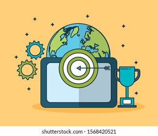 digital marketing technology with world planet vector illustration design