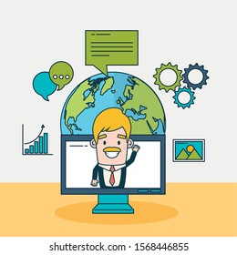 digital marketing technology with world planet vector illustration design