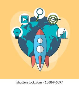 digital marketing technology with world planet vector illustration design