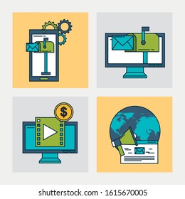 digital marketing technology with world planet vector illustration design