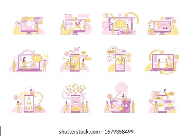 Digital marketing thin line concept vector illustrations set. Marketers and customers 2D cartoon characters for web design. Internet advertising business, online promotion technology creative ideas