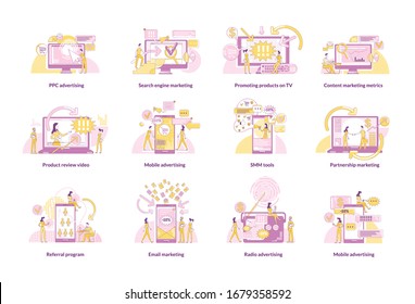 Digital marketing thin line concept vector illustrations set. Marketers and customers 2D cartoon characters for web design. Promotion strategies, advertising technologies creative ideas