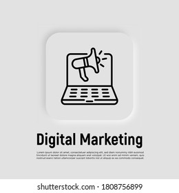Digital marketing thin line icon. Open laptop with megaphone. Advertising in social media. Online strategy for promotion. Vector illustration.