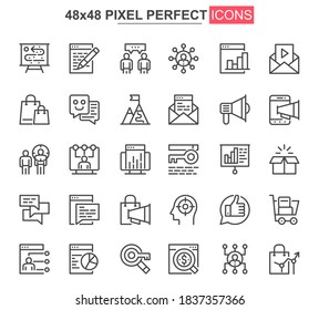 Juego de iconos de línea delgada de marketing digital. Investigación de marketing y esquemas de estrategia para aplicaciones web o móviles. Análisis de negocio interfaz de usuario simple, iconos vectoriales UX. Paquete de pictograma perfecto de 48 x 48 píxeles.
