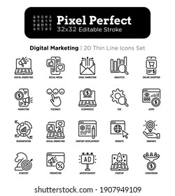 Digital Marketing Thin Line Icon Set. Social Media, Advertising, E-mail Marketing, E-commerce, Online Shopping, Conversion, Start Up, Promotion. Pixel Perfect, Editable Stroke. Vector Illustration