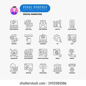 Digital marketing thin line icon set. Social media, advertising, e-mail marketing, e-commerce, online shopping, conversion, start up, promotion. Pixel perfect, editable stroke. Vector illustration